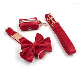 Dog Collars Red Thick VELVET GOLD BUCKLE Pet Collar Traction Rope Bow Toilet Bag Set Christmas Supplies Personalized Name