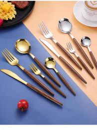 Dinnerware Sets Portuguese Stainless Steel Knife And Fork 5-piece Cutlery Imitation Wooden Handle Western Spoon Travel Kitchen Tools