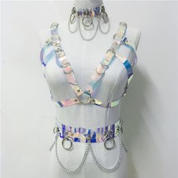 Sexy Costumes Gothic Handmade Holographic PVC 3 Piece Set Women Collar Choker Sexy Crop Top Link Chain Waist Belt Rave Festival Ma2542