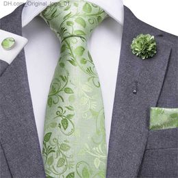 Neck Ties Hi Tie Men's Silk Tie Grass Green Tie Flower Neckline Boutonniere Handkerchief Cufflinks Set Wedding Tie Groom 8.5cm Z230802