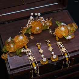 Hair Clips 1set Chinese Hairpins Tiaras Wedding Jewelry For Women Yellow Flower Tassel Crown Stick Fork Vintage Bride