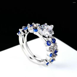 Wedding Rings Ring Sets For Women Romantic Heart Love Cubic Zirconia Blue Crystal Silver Color Engagement Bridal Jewelry