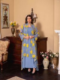 Ethnic Clothing Kaftans For Woman Dubai Arabic Dress 2 Piece Set Floral Embroidered Kimono Abaya Smocked Bodice Slip Ramadan Eid Muslim