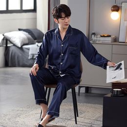 Men's Sleepwear Home Clothing Casual Royal Blue Satin Pyjama Man Navy Long Sleeve Pijama