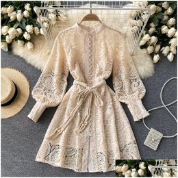 Basic Casual Dresses Runway Designer Vintage Mini Dress Hollow Out Embroidery Stand Collar Lantern Sleeve Bow Sashes Lace Up Party 2 Dh1W4