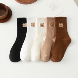 Women Socks Bear Embroidered Women's Mid-tube Autumn And Winter Ins Tide Pure Cotton Japanese