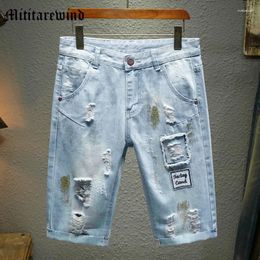 Men's Jeans Hole Denim Shorts For Men High Street Trendy Fashion Design Light Blue Distressed Casual Knee Length Y2k Pants Loose Youth
