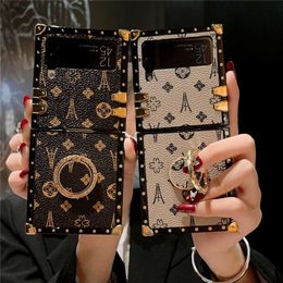 Cell Phone Cases Luxury Fashion Retro Flower Phone Case For Samsung Galaxy Z Flip 4 ZFlip 3 5G Finger Ring Holder Square Folding Leather Cover L230731