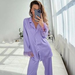 Women's Sleepwear Summer Women Pajamas Feathers Satin For Sets Lapel Splicing Suit Single-Breasted Nightwear