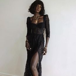 Casual Dresses Fashion Party Vacation Beach Sexy Black Lace Long Dress Women's Spring Quarter Sleeve Mid-Calf Clubwear