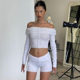 Women's Tracksuits Women 2 Pieces Sets Long Sleeve Off Shoulder Plain Crop Slim Fit T-Shirt With Seam Shorts Summer Y2K Streetwear