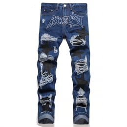 Mens Jeans Punk Style Blue Ripped Letter Embroidery MidWaisted Straight Leg Beggar Pants Hip Hop Fashion Applique Clothing 230801