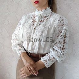 Women's Blouses Shirts Petal Sleeve Stand Collar Hollow Out Flower Lace Patchwork Shirt Femme Blusas Allmatch Women Lace Blouse Button White Top 12419 J230802