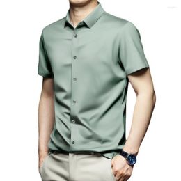 Men's Casual Shirts Luxurious Mens Wrinkle-resistant Ice Silk Dress Short Sleeve Slim Fit Smooth Green Shirt Business Foraml Chemise