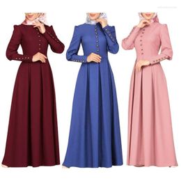 Ethnic Clothing European And American Dress Slim Fit Large Swing Long Sleeve Decorative Button Retro Style Muslim