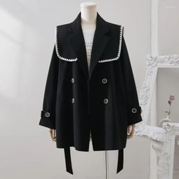 Women's Suits Elegant Trench Coat Mid-Length Classic Lapel Overcoat Belted Slim Outerwear Black Jacket Pocket Cardigan Clothes