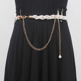 Belts Women's Runway Fashion Pearl Knitted Chain Cummerbunds Female Dress Corsets Waistband Decoration Narrow Belt R613