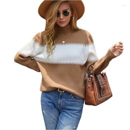 Women's Sweaters Women Knitted Sweater Tops Autumn Winter Patchwork Color Block Turtleneck Sweaterwear Casual Long Sleeve Pullover