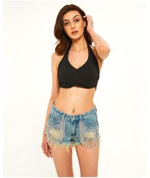 Women's Jeans Sequin Tassels Shorts Denim Summer High Waist Slim Clothes Y2k Sexy Hollow Out Skinny Female Pocket Casual Streetwear