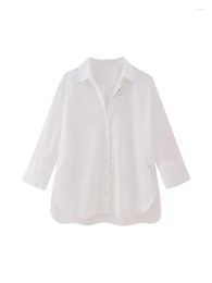 Women's Blouses 2023 Spring Leisure Fashion Unique Polo Collar Long Sleeve Single Breasted Hollow Out Embroidered Shirt