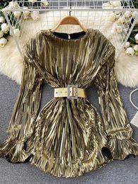 Casual Dresses Women Gold Draped Party Dress With Sashes Female Elegant Round Neck Flare Long Sleeve Bling Vintage Mini Vestidos Spring