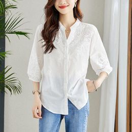 Women's Blouses Women Vintage Hollow Embroidery White Simple Cotton Button Up Shirt Summer Trendy V Neck 3/4 Sleeve Blouse All Match Tops