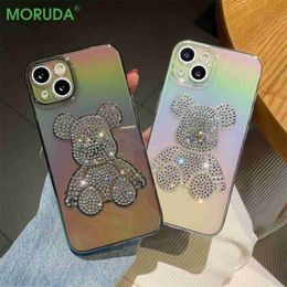 Cell Phone Cases Bling Rhinestone for iPhone 11 14 12 13 Pro Max Case Glitter Diamond Cute Bear Laser for iPhone 14 Pro Max 14 Plus Clear Cover L230731