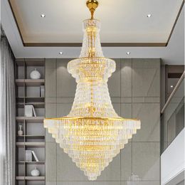 American Gold Crystal Chandeliers Lights Fixture Large Long Luxury Chandelier European Classic Droplight Art Deco Hotel Stairs Way Home Indoor Lighting Lampara