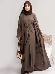 Ethnic Clothing 3 Piece Abaya Set Muslim Women Matching Outfits Kimono Long Sleeves Dress Wrap Skirt Dubai Ramadan Eid Prayer Islamic