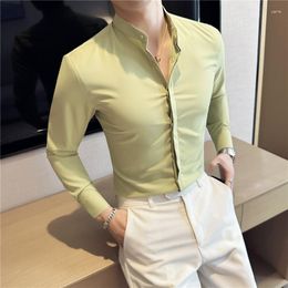 Men's Casual Shirts Black/White/Green Long Sleeve Formal For Men Clothing 2023 Stand Collar Business Slim Fit Solid Tuxedo Blouses 4XL