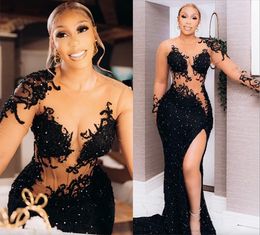 2023 Plus Size Arabic Aso Ebi Black Mermaid Sparkly Prom Dresses Lace Beaded Sexy Evening Formal Party Second Reception Birthday Engagement Gowns Dress ZJ339