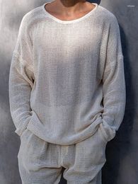 Men's Sweaters Casual Hollow Out Knit Tee Summer O-Neck Thin Top Pullover Loose Solid Color Long Sleeve Mens For Clothing