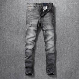 Men's Jeans Italian Style Fashion Men Retro Dark Gray Elastic Slim Fit Ripped Trousers Vintage Designer Denim Pants Hombre