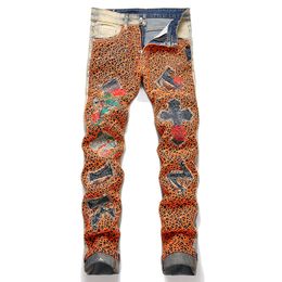 Summer Loose Straight Men's Jeans Orange Spider Web Embroidered Denim Pants Retro Blue Destroyed Patches Trousers