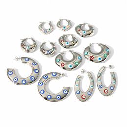 Серьги обручи эмалевые турецкие голубые глаза толстые в серебряном цвете изысканные украшения из нержавеющей стали для женщин