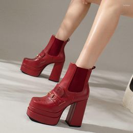 Boots Spring Autumn Lady Spliced Elastic Short Fashion Stone Metal Mid Calf Platform Super High Heel Large Women Shoes