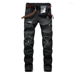 Men's Jeans College Students Straight Tailoring Denim Knee Hole Comfortable Large Size Cotton Motorcycle