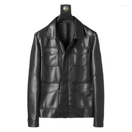 Men's Jackets Mens Leather PU Jacket Wholesell Price Autumn Many Pocket Black Artificial For Man Size L-4XL