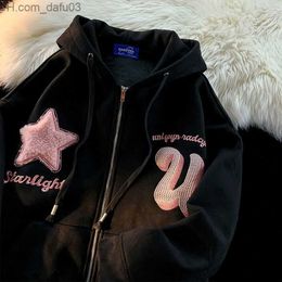 Men's Hoodies Sweatshirts American New Letter Embroidery Zipper Hoodie Women's Fashion Street Hip Hop Flocked Loose Sweatshirt Z230802