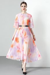 Casual Dresses High Quality Rose Print O-Neck Belt Fold Dress Women's Flower Summer Elegant Loose Vintage Holiday Beach