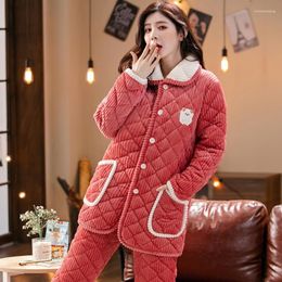 Women's Sleepwear Pajamas Set Women Winter Three-layer Thick Coral Fleece Quilted Flannel Warm Cute Sweet Ladies Homewear Nightgown Suit