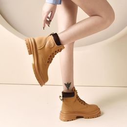 Boots Autumn Ladies Shoes Fashion Lace-up Mid-Calf Women's Platform Fretwork Heels British Style