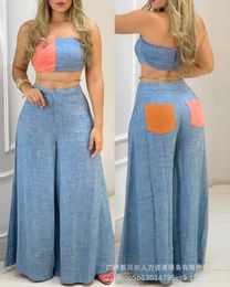 Women's Two Piece Pants Colorblock Bandeau Shirring Top & Wide Leg Set Women 2pcs Clothe Suit Spring Summer Strapless Tops Loose