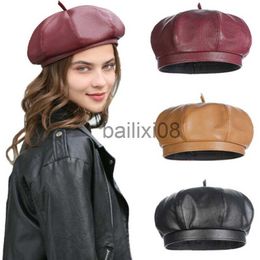 Stingy Brim Hats Vintage Beret Cap Fashion Women Casual PU Leather Beret Hat for Women French Autumn Winter Octagonal Beanie Caps Hot Solid Color J230802