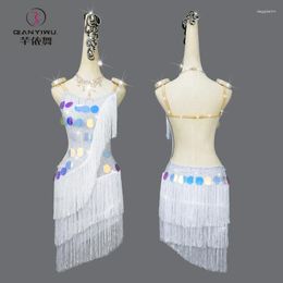 Stage Wear Professional White Latin Dance Tassel Dress Ballroom Competition Clothes Sexy Girls Party Short Skirts Sequin