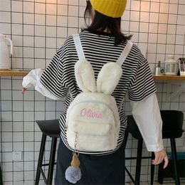 School Bags Personalised Embroidery Kawaii Plush Bunny Backpack Faux Fur Mini Rabbit Ear Women Travel Shoulder 230801