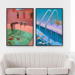 Bathtub Koi Bathroom Poster Cat Swimming Pool Canvas Painting Wall Art Illustration Print Pink Relaxing Japanes Home Decor w06