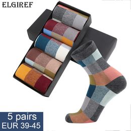 Men s Socks 5 Pairs Lot Combed Cotton Compression Fashion Colorful Square Happy Dress Men Size 39 45 230802