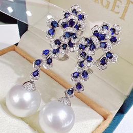 Dangle Earrings MeiBaPJ 10-11mm Natural White Rice Pearls Blue Stones Bow Drop 925 Silver Empty Tray Fine Wedding Jewellery For Women