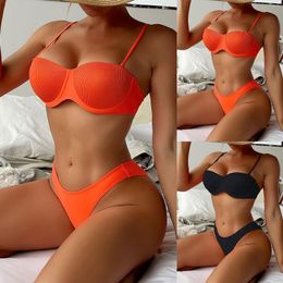 Women's Swimwear Womens Solid Color High Waisted Bikini Sets Cut Sexy Swimsuit Two Piece Bathing Suits